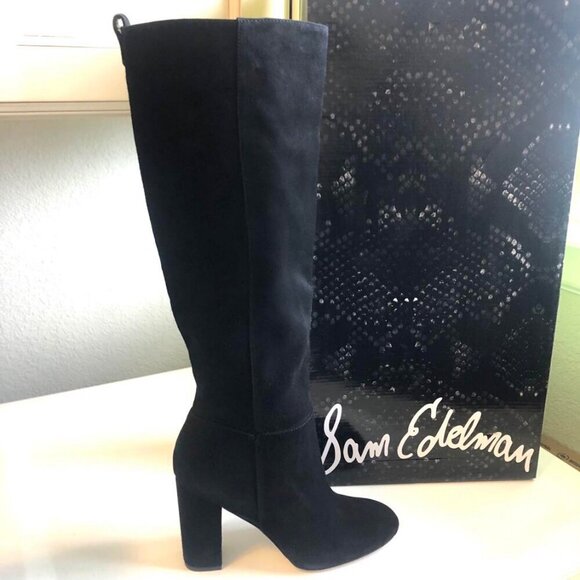 NWT SAM EDELMAN Caprice Black Suede Block Heel Tall Boot SZ 10 MSRP $225 - Picture 2 of 7